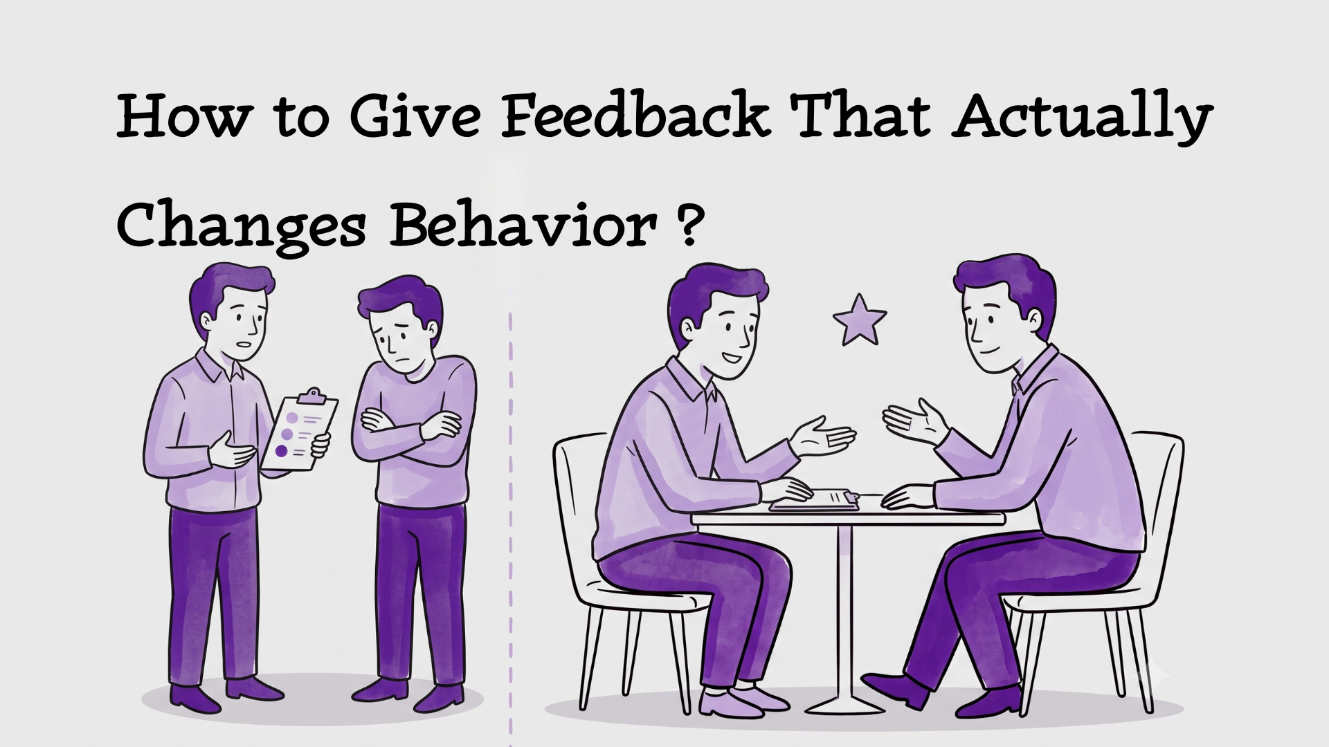 Illustration split between awkward checklist feedback on one side and two colleagues having a supportive feedback conversation at a table on the other