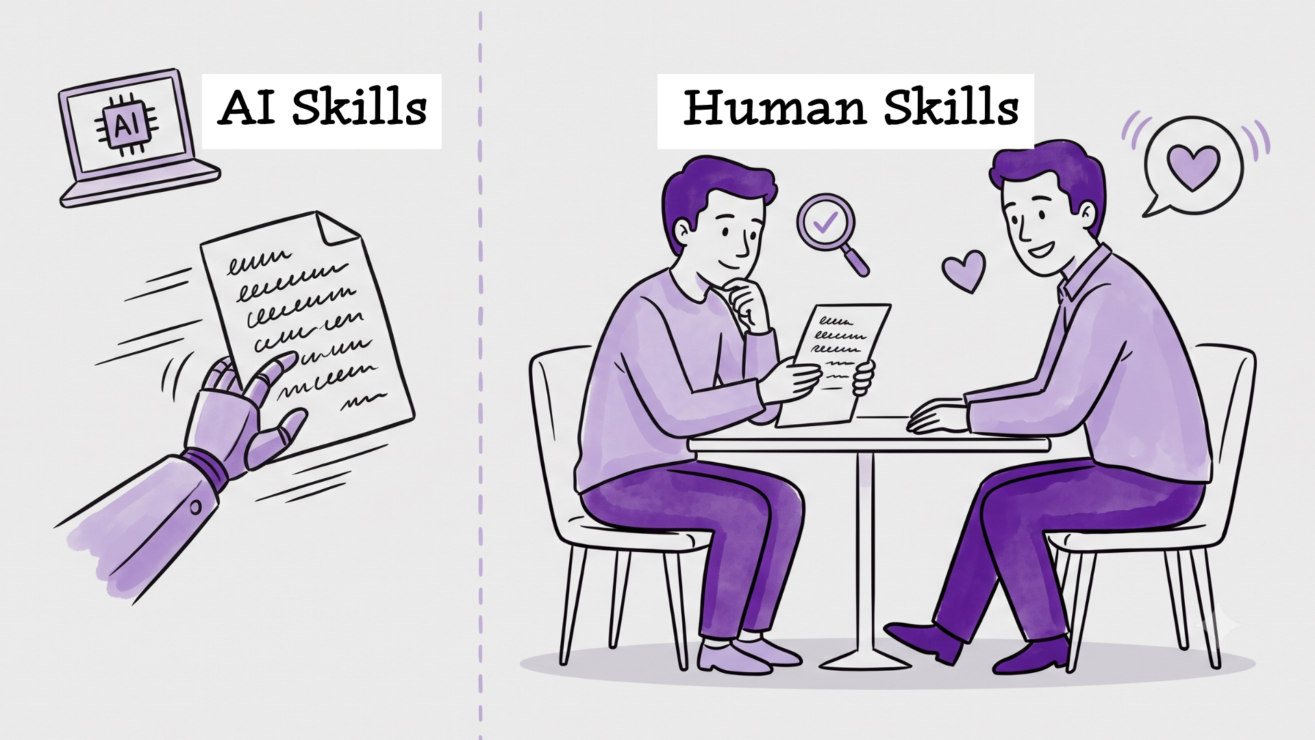 Illustration split between AI skills and human skills, showing a robotic hand drafting a document on one side and two people in conversation with empathy and judgment icons on the other