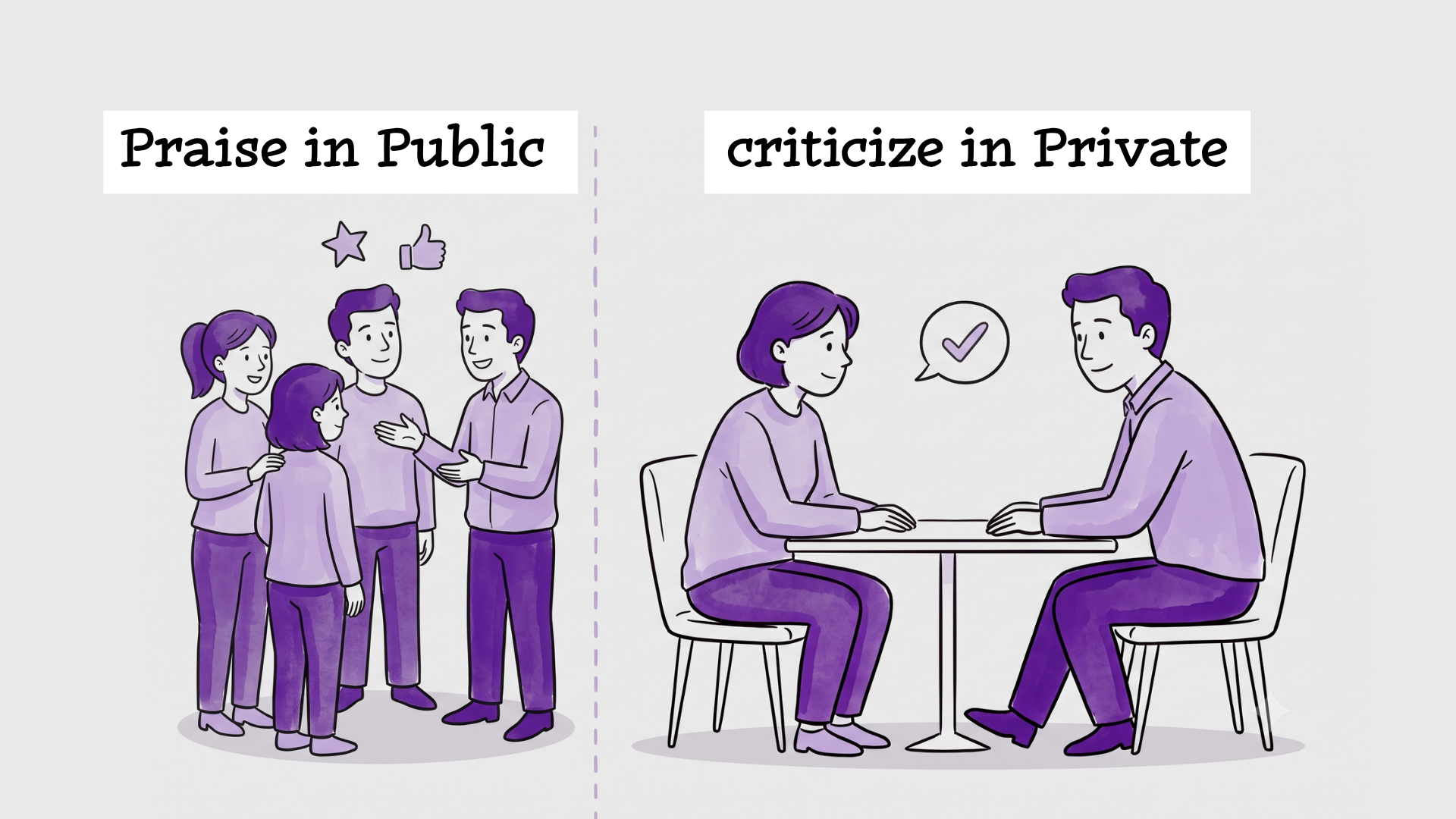 Illustration contrasting praise in public, where a manager compliments someone in front of the team, with criticism in private, shown as a one-on-one conversation across a table
