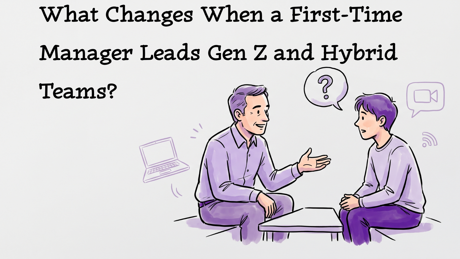 Hand-drawn illustration of a manager and a younger employee sitting across a table in conversation, with video-call and wifi icons sketched around them